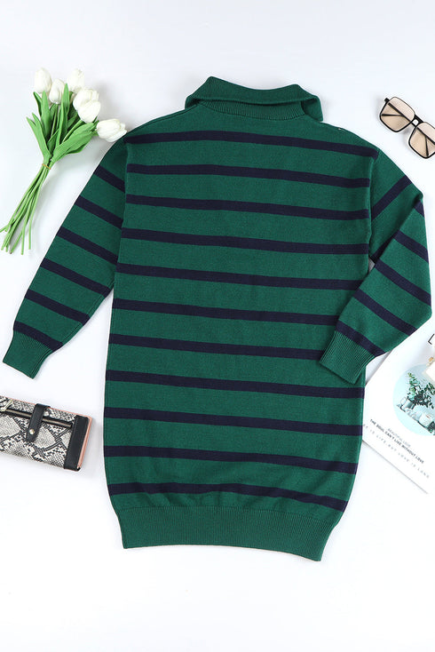 Striped O-Ring Zip Front Collared Drop Shoulder Long Sleeve Sweater Dress